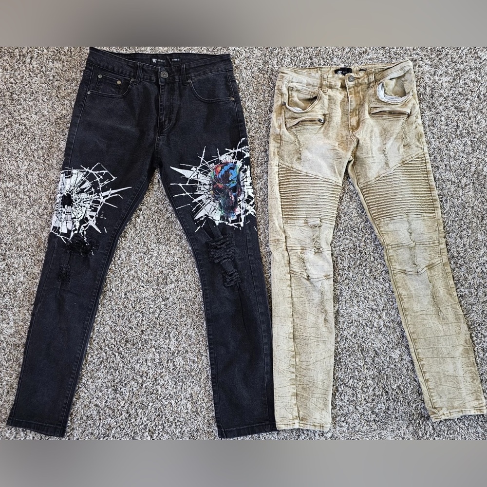 2 Pairs Of Waimea Mens 32x29 Skinny Fit Jeans ~ Black Skull Pants & Beige Pants